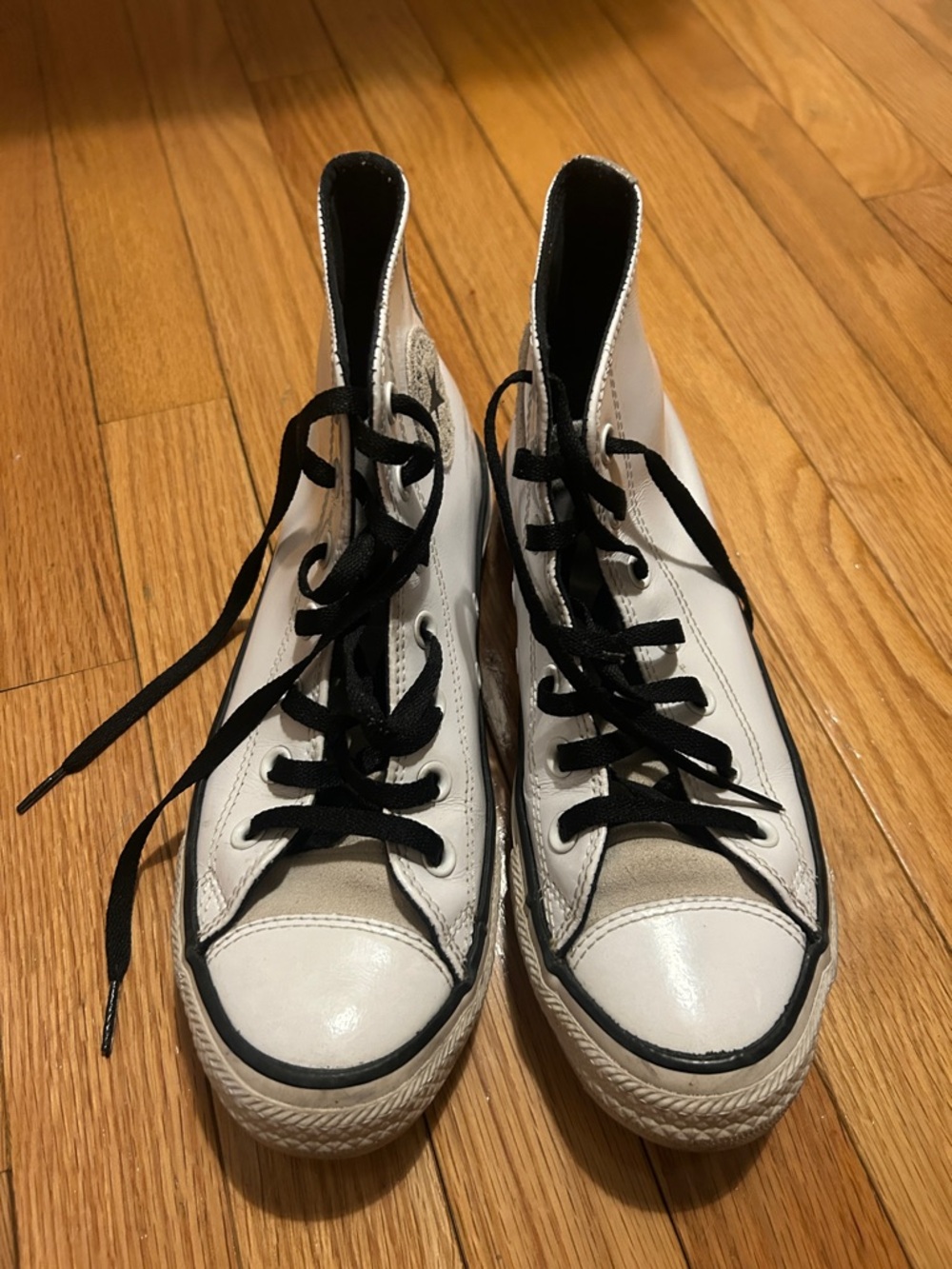 Unique White Patent Converse High-Top Sneakers with Black Laces and Trim